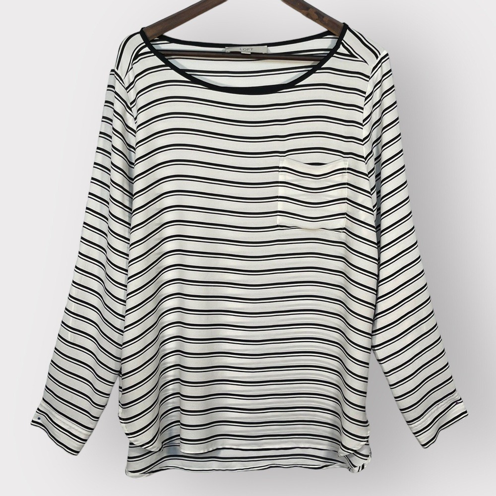 LOFT Ann Taylor Womens XL Striped Long Sleeve Roll Tab Blouse Black White Pocket